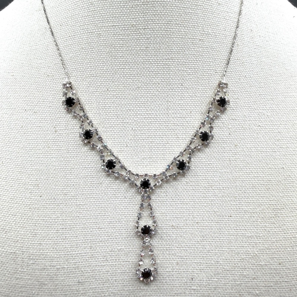 Black Clear Rhinestone Y Drop Silver Tone Necklace Gothic Formal Cocktail Gift